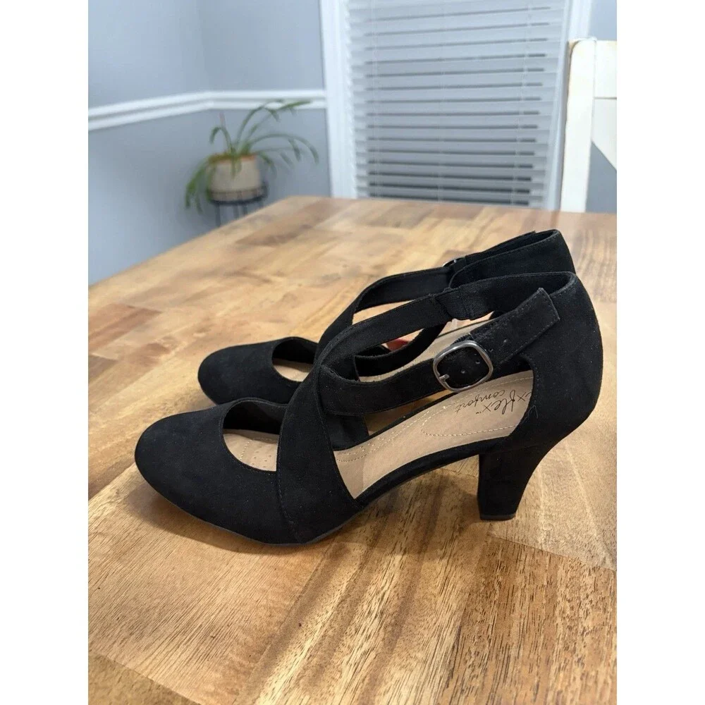 Dexflex Comfort Sz 11 Women's Macie Black Faux Suede Cross Strap Pump Heel, NIB